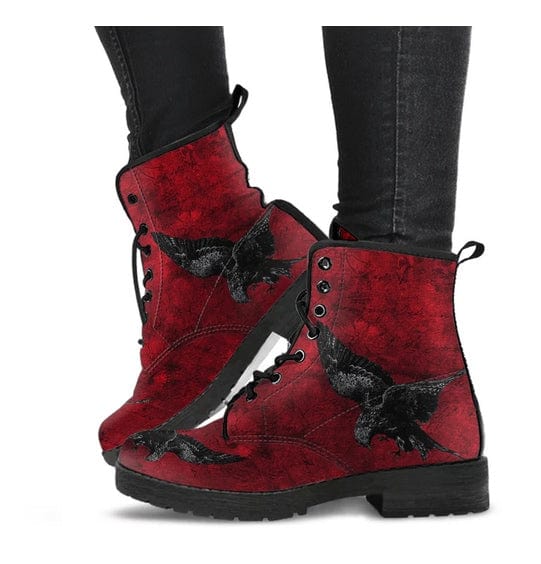 gothic red and black Ravens swooping pair of vegan boots at Gallery Serpentine