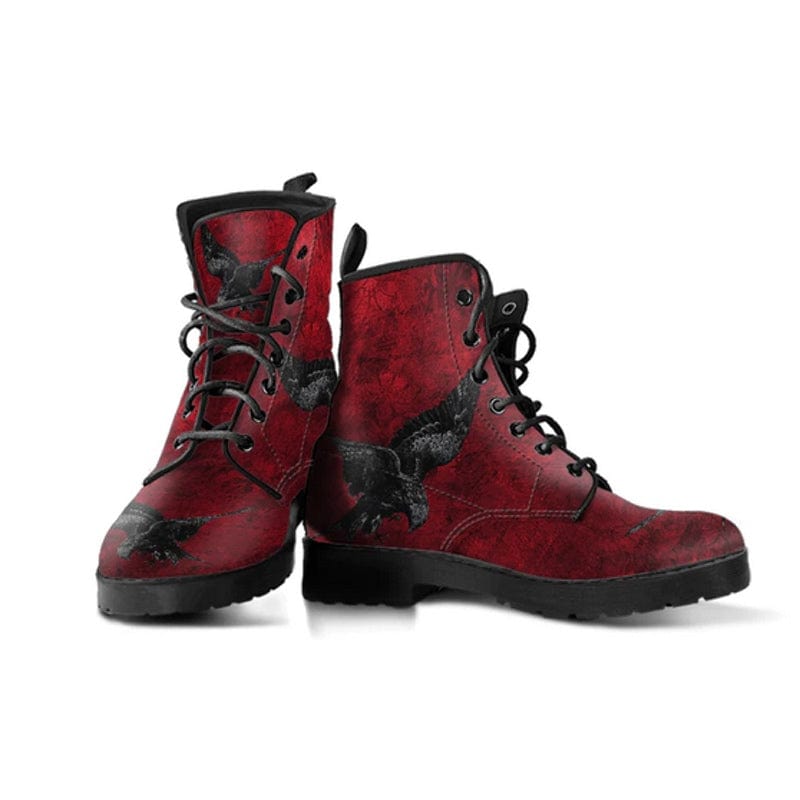 front view of the gothic red and black Ravens swooping vegan boots at Gallery Serpentine