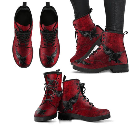 multiple views of the gothic red and black Ravens swooping vegan boots at Gallery Serpentine