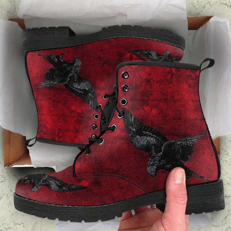 unboxing the gothic red and black Ravens swooping vegan boots at Gallery Serpentine