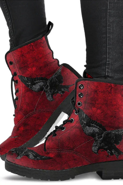 gothic red and black Ravens swooping vegan boots at Gallery Serpentine