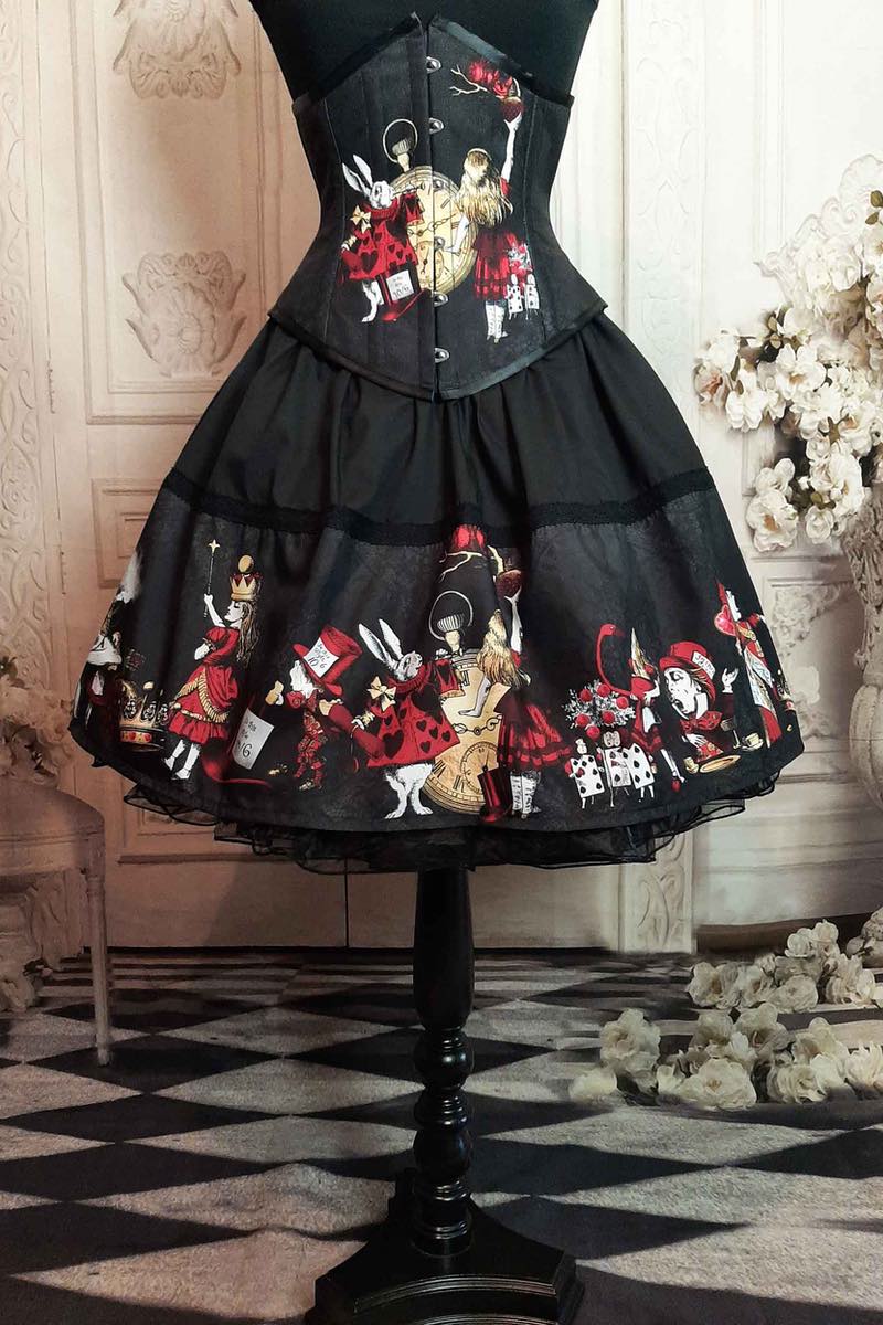 Red gold black Alice in Wonderland corset and skirt set from Gallery Serpentine, custom sized, made in Australia