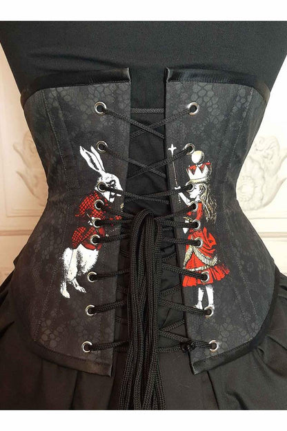 back of the Red gold black Alice in Wonderland corset and skirt set from Gallery Serpentine, custom sized, made in Australia