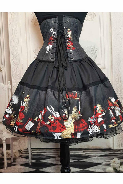 full length image of the Red gold black Alice in Wonderland corset and skirt set from Gallery Serpentine, custom sized, made in Australia
