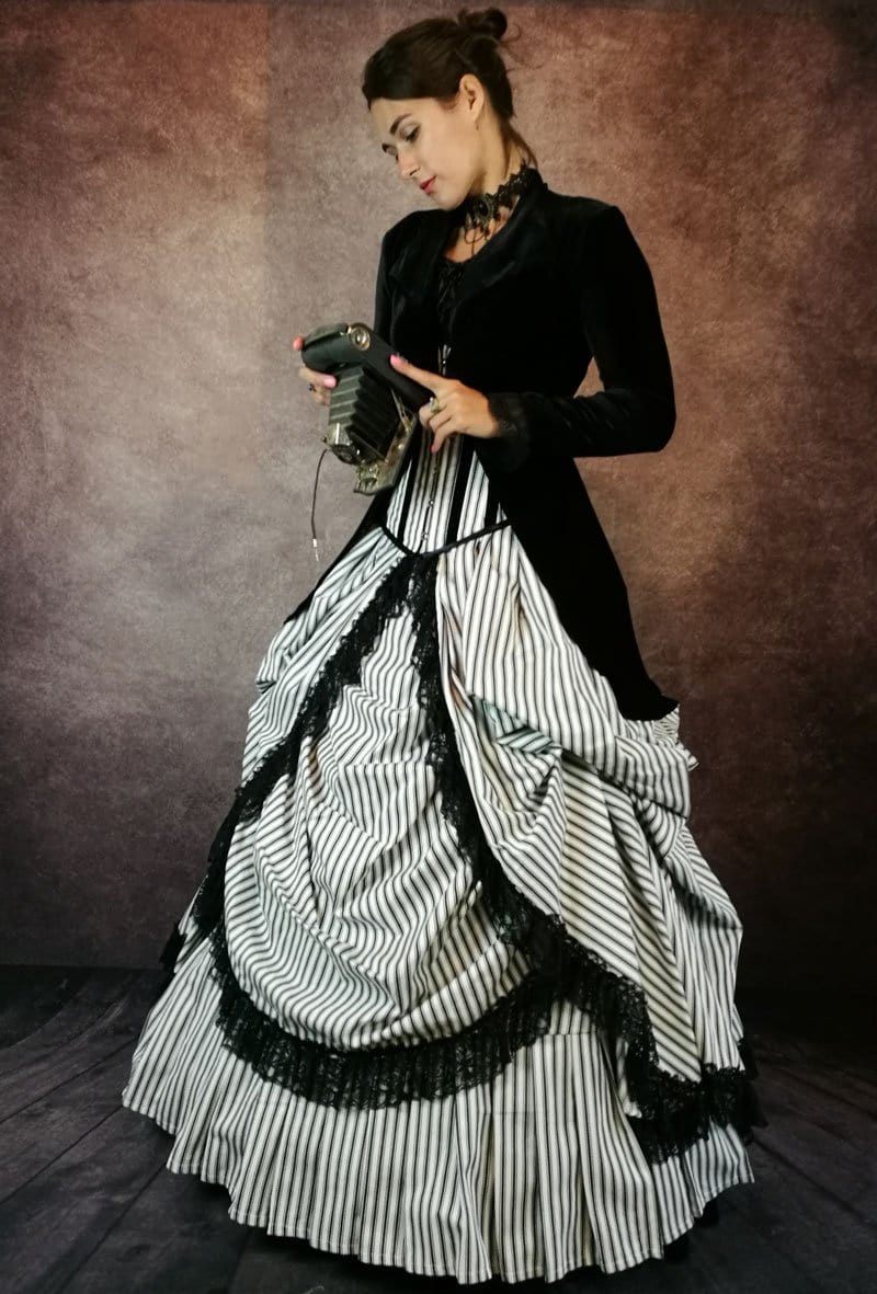 Victorian studio style shoot featuring the Victorian Picnic Gown in black & white striped cotton trimmed with black lace