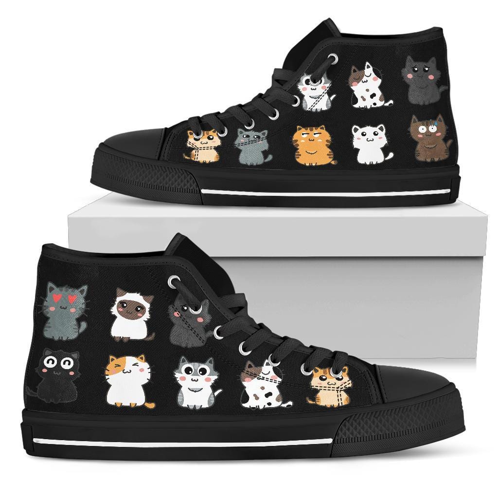 cute cats print on womens high top sneakers shown with their packing box