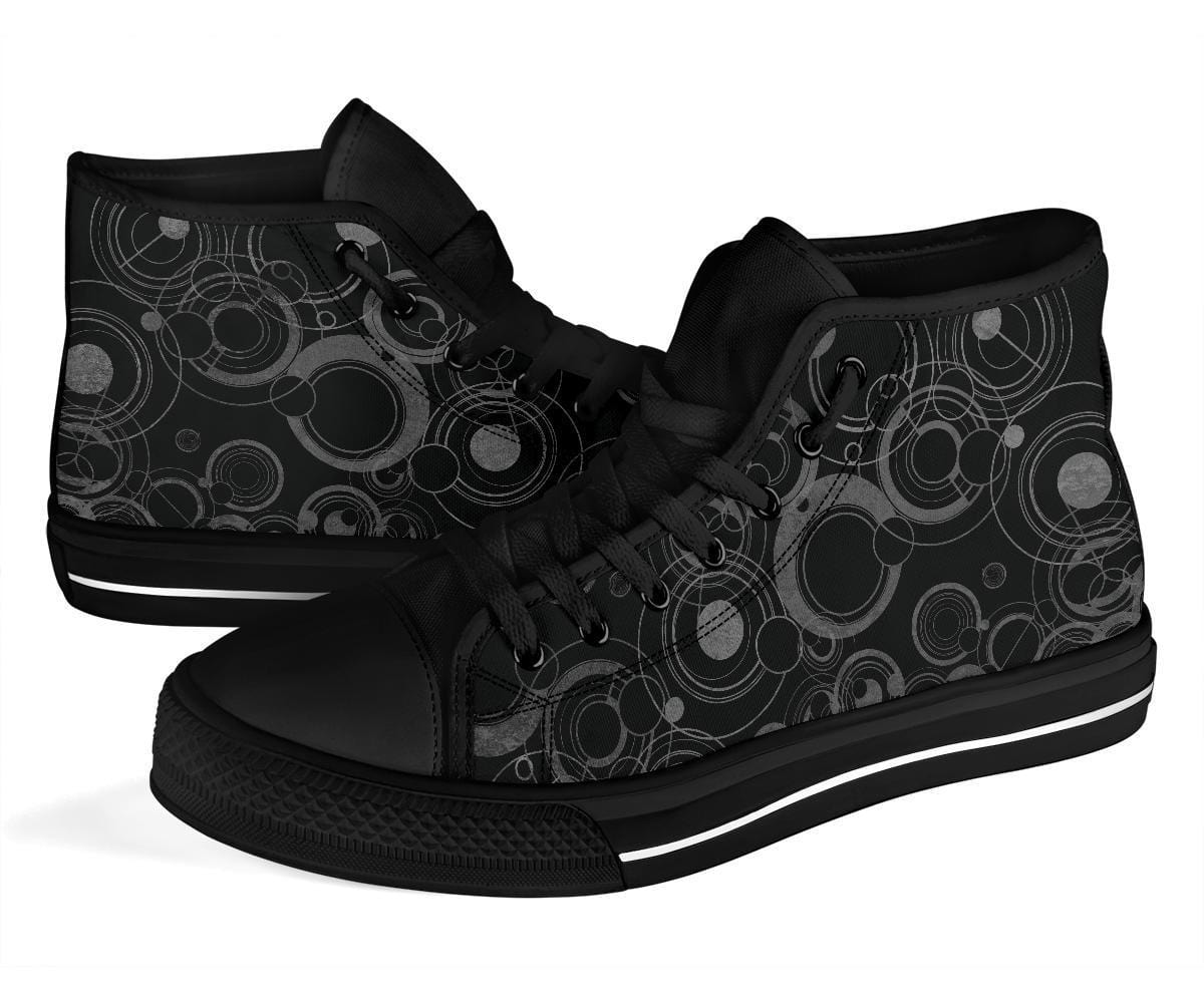 close up on the Black & grey gallifreyan language on men's canvas high top sneakers