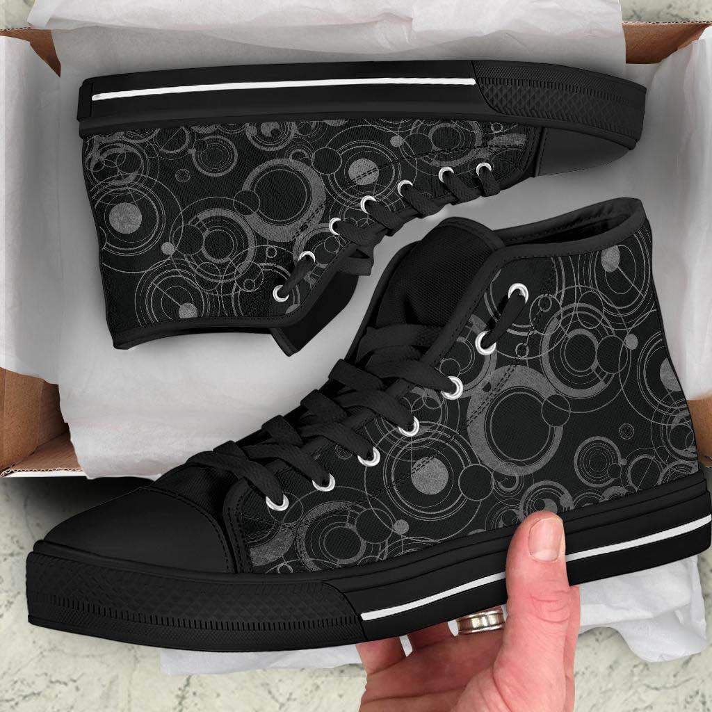 unboxing view of Black & grey gallifreyan language on men's canvas high top sneakers