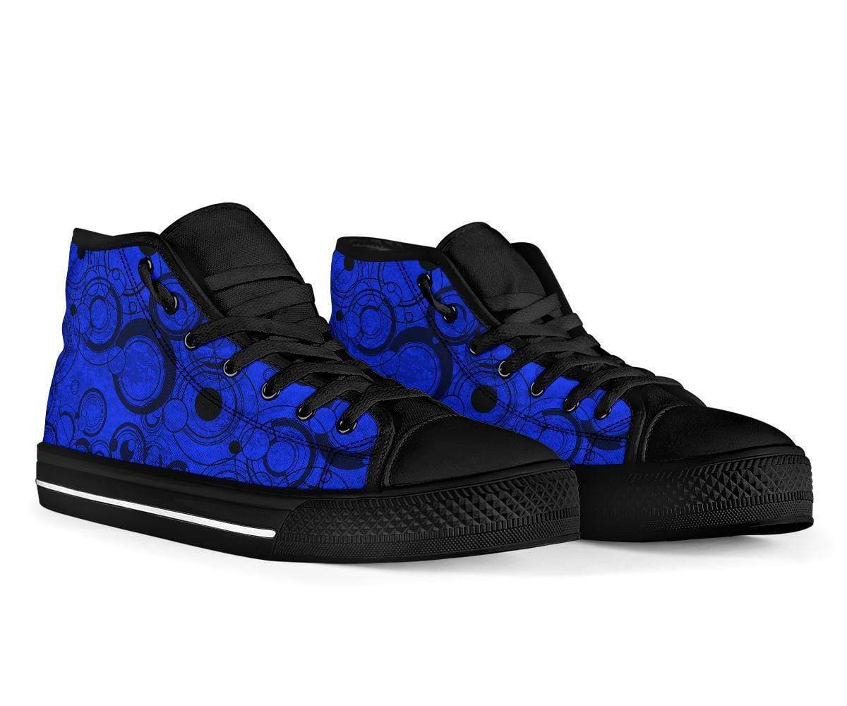 side front view showing rubber surrounds on the new blue Gallifrey language high top sneakers at Gallery Serpentine