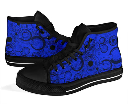 angled view showing toes and laces on the new blue Gallifrey language high top sneakers at Gallery Serpentine