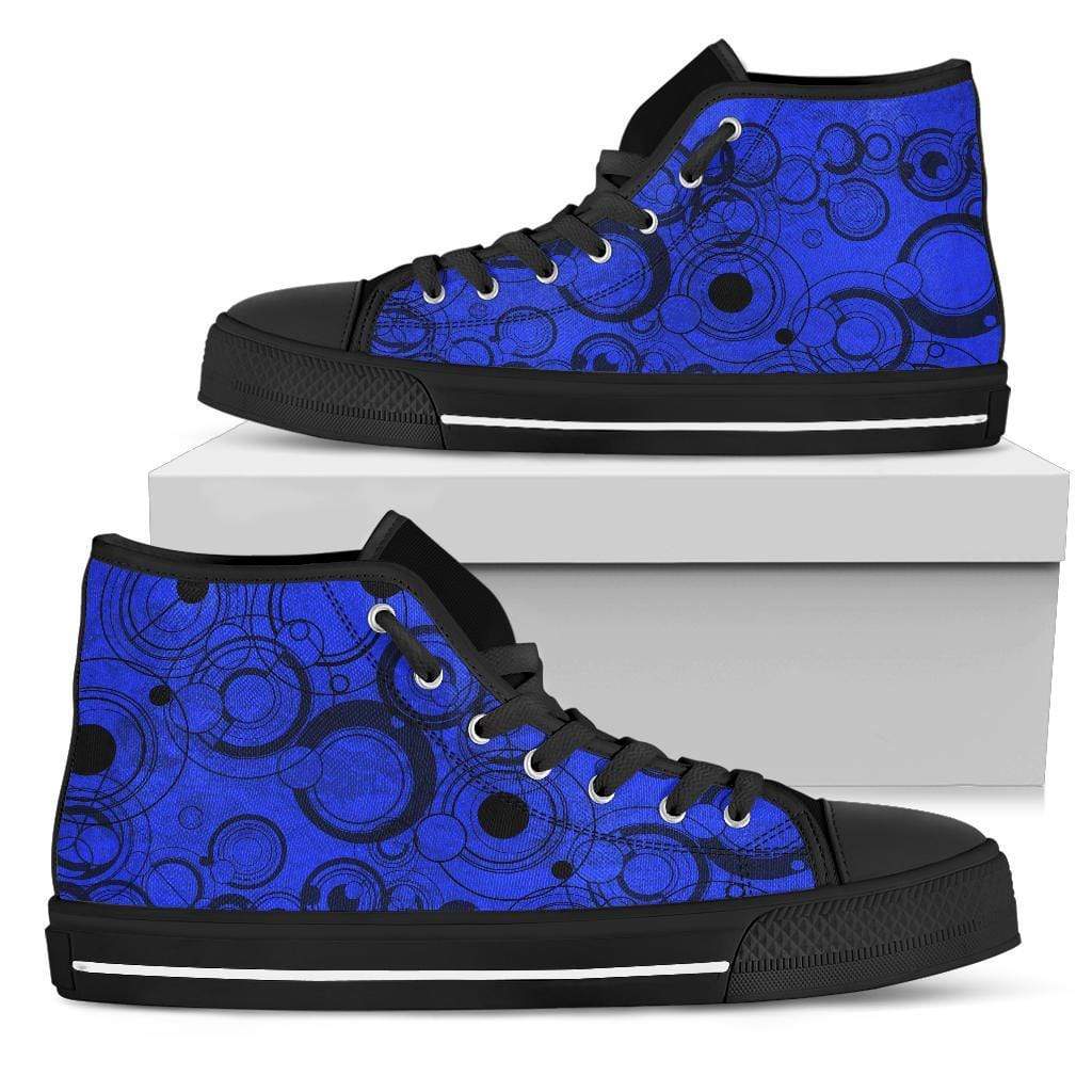 view of the new blue Gallifrey language high top sneakers at Gallery Serpentine on the box they come in