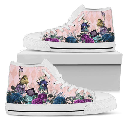 box with Soft pink Alice in Wonderland high top sneakers