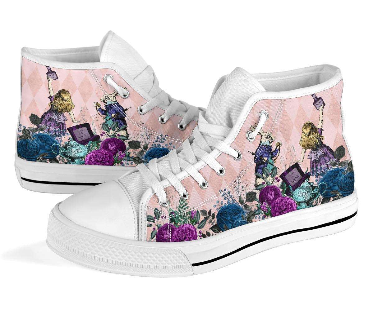 pair of the Soft pink Alice in Wonderland high top sneakers