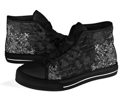showing the rubber surrounds of the Gothic Ghost Writer mens canvas high tops at Gallery Serpentine