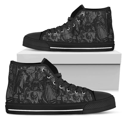 stacked view of the men's grey black high top canvas sneakers with Holbein woodcut Dance of Death on box they come in