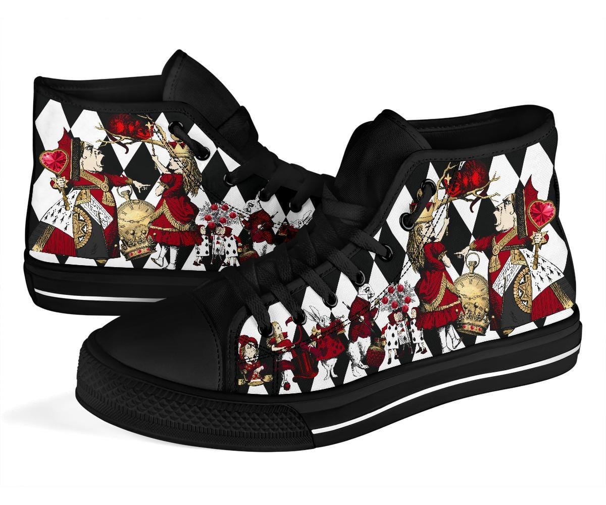 close up view of the Queen of Hearts and Alice in Wonderland on the Alice in Wonderland custom printed and made canvas high top sneakers