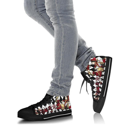 woman walking in the Alice in Wonderland custom printed and made canvas high top sneakers