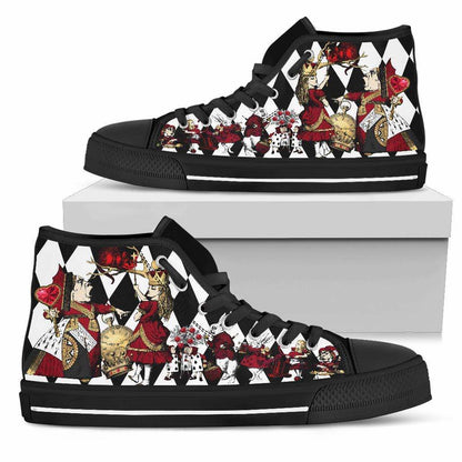 pair of the Alice in Wonderland custom printed and made canvas high top sneakers on the box they arrive in