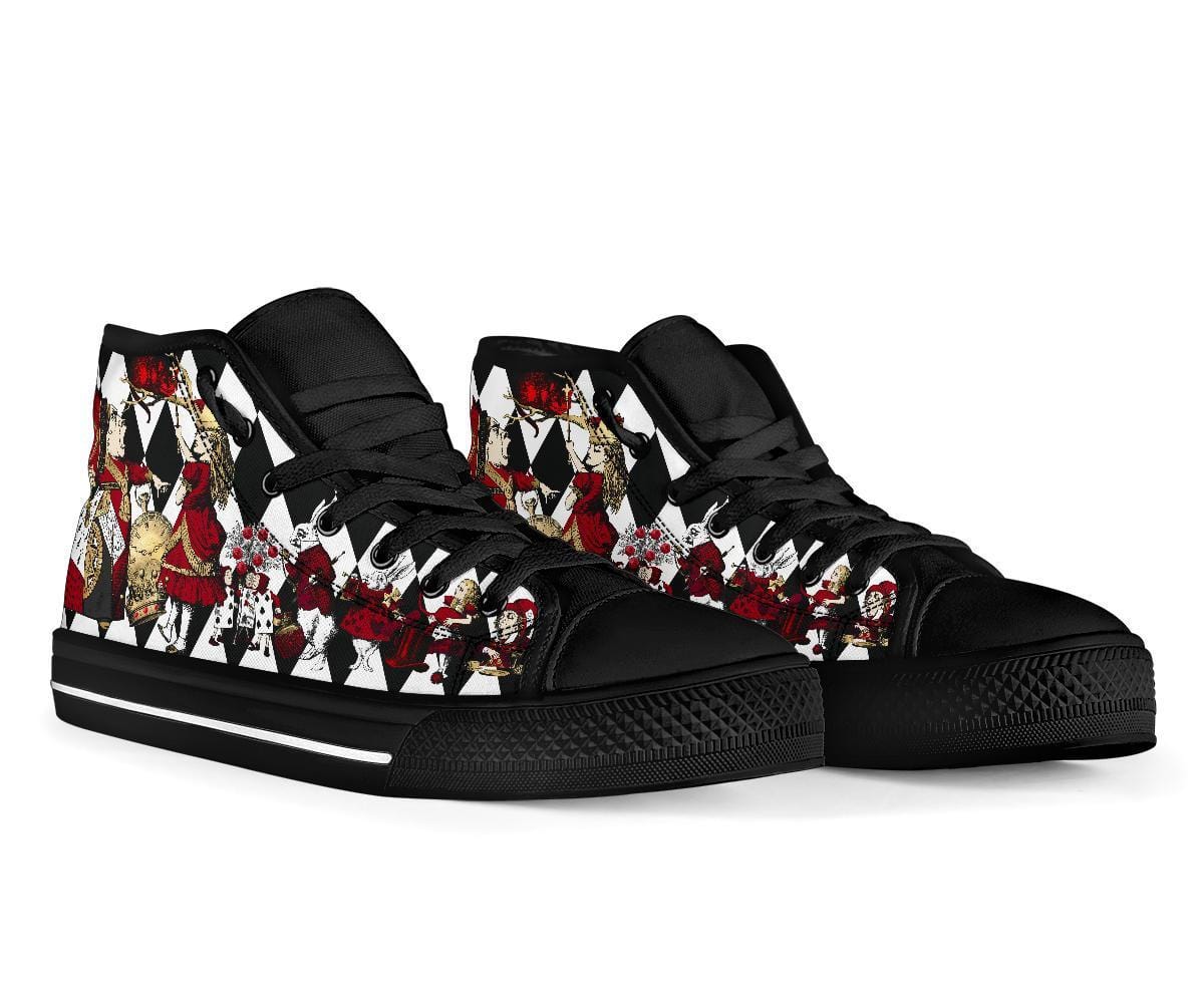 front view of the rubber rounded toe on the Alice in Wonderland custom printed and made canvas high top sneakers
