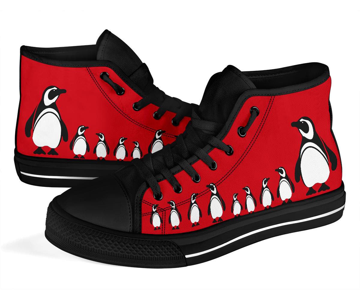 Cute Penguin family on a cheery red canvas sneaker 1