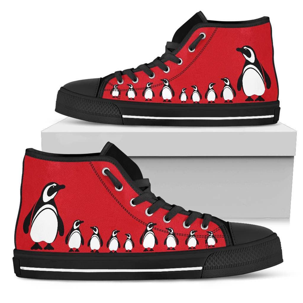 Cute Penguin family on a cheery red canvas sneaker