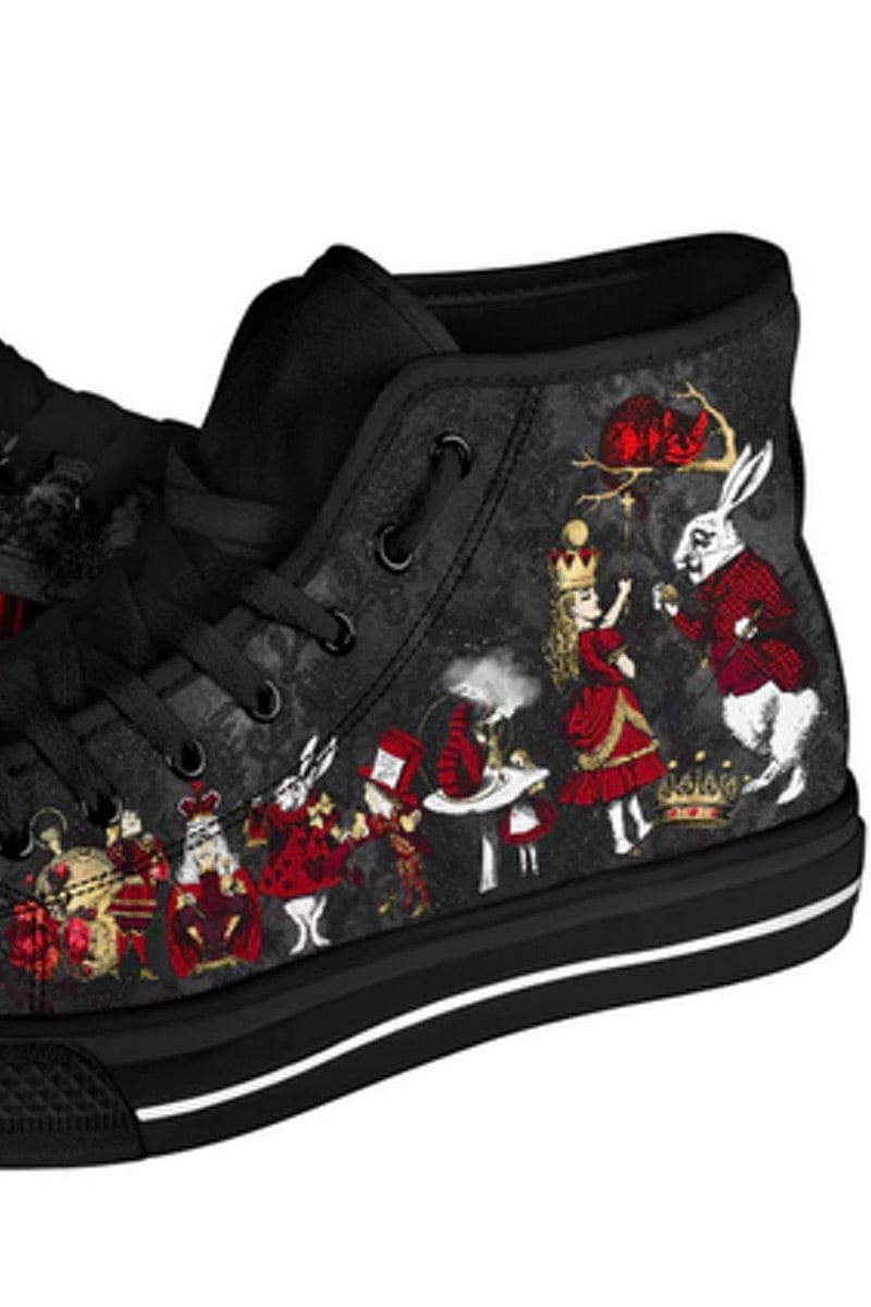 ALICE IN WONDERLAND WHITE RABBIT HI TOP BLACK RED GOLD SNEAKERS