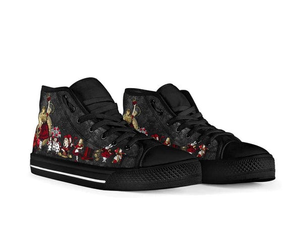 front view of the ALICE IN WONDERLAND WHITE RABBIT HI TOP BLACK RED GOLD SNEAKERS