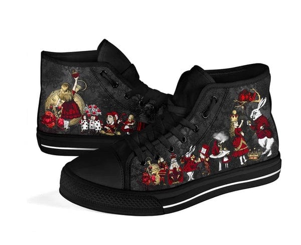 side close up view of the ALICE IN WONDERLAND WHITE RABBIT HI TOP BLACK RED GOLD SNEAKERS