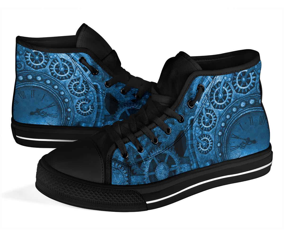 close up on the intricate detail of the blue clockwork steampunk canvas men's sneakers