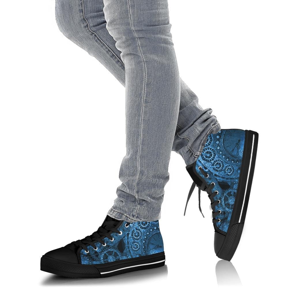 man walking to a festival wearing the blue clockwork steampunk canvas men's sneakers