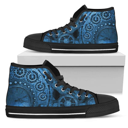 side view showing the clock face and cogs on the blue clockwork steampunk canvas men's sneakers