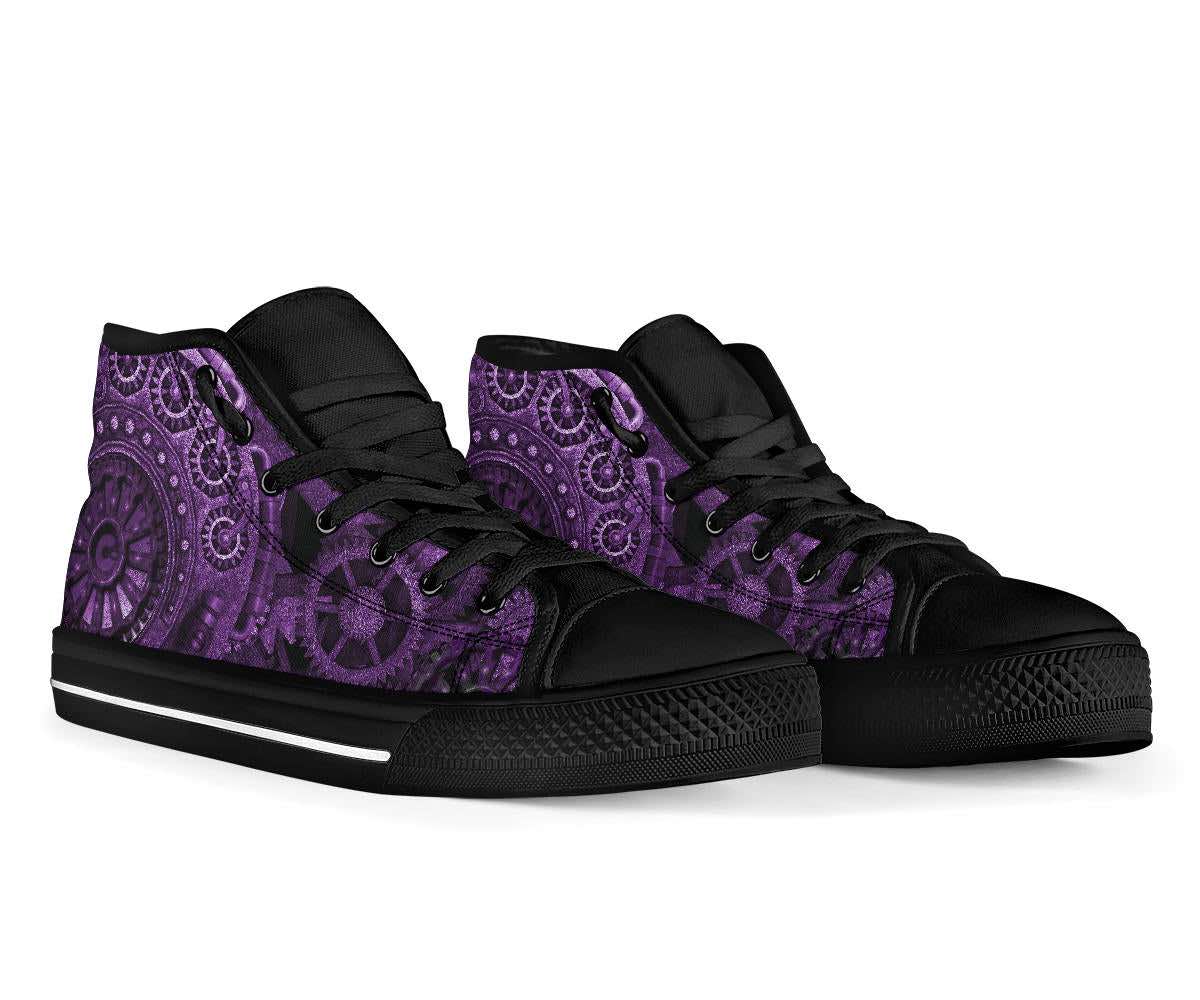 front view showing the black rubber surrounds, white side stripe on the sole of the purple steampunk clockwork women's sneakers