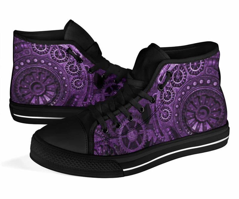side view of the clockwork gears on the purple steampunk clockwork women's sneakers