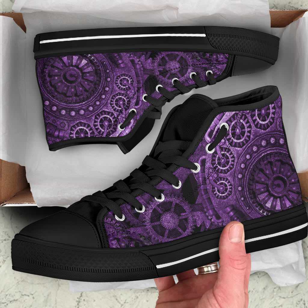 unboxing of the Men's Clockwork Steampunk Purple hi top sneakers