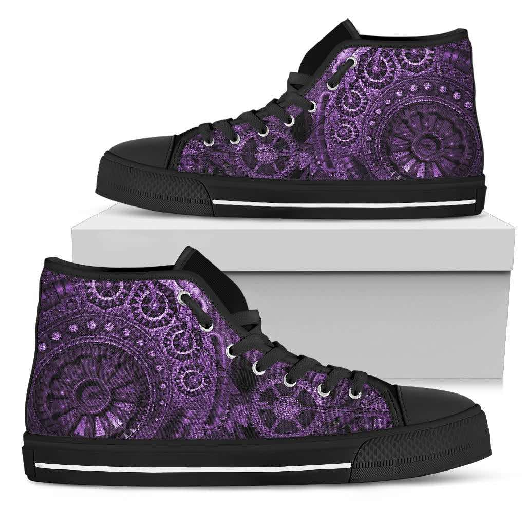 stacked side view of the detailed cogs on the Men's Clockwork Steampunk Purple hi top sneakers