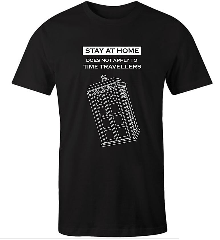because we need the Tardis funny meme tshirt for Dr Who fans , mens sizes in black AS brand with white text and police box graphic