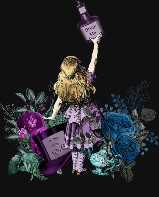Alice in Wonderland night garden Drink Me T-shirt graphic