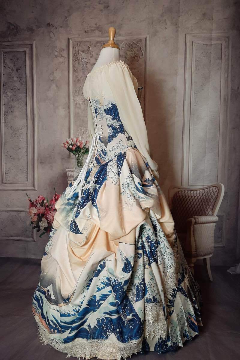 side view of the The Great Wave japanese painting on a victorian corset art gown made in Australia