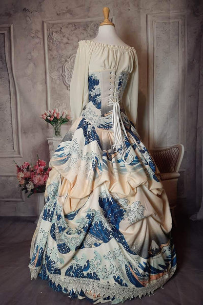 back view of the The Great Wave japanese painting on a victorian corset art gown made in Australia