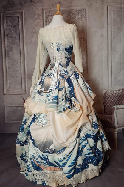 Wedding Gown idea The Great Wave japanese painting on a victorian corset art gown made in Australia