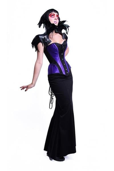 gothic model full length skirt in the Amethyst Turn of the Century Corset steel boned, purple and black baroque patterned jacquard, made in Australia by Gallery Serpentine