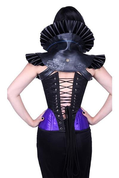 back view of the Amethyst Turn of the Century Corset steel boned, purple and black baroque patterned jacquard, made in Australia by Gallery Serpentine