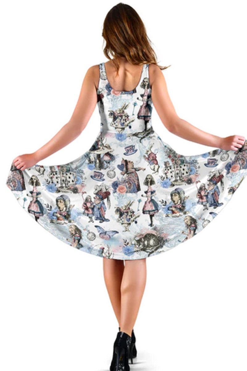 back view of the Cute summer vintage illustration Alice in Wonderland dress in ivory pale blue, grey and pink