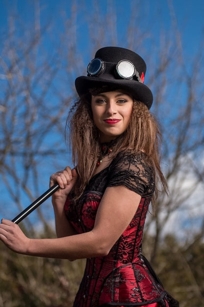 steampunk model wearing the red Wild Wild West over bust corset by Gallery Serpentine