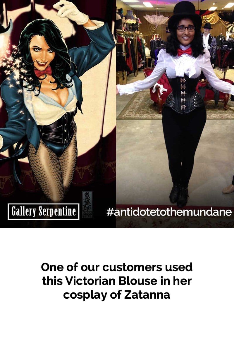 Gallery Serpentine customer using White Victorian Blouse and a corset to cosplay Zatanna