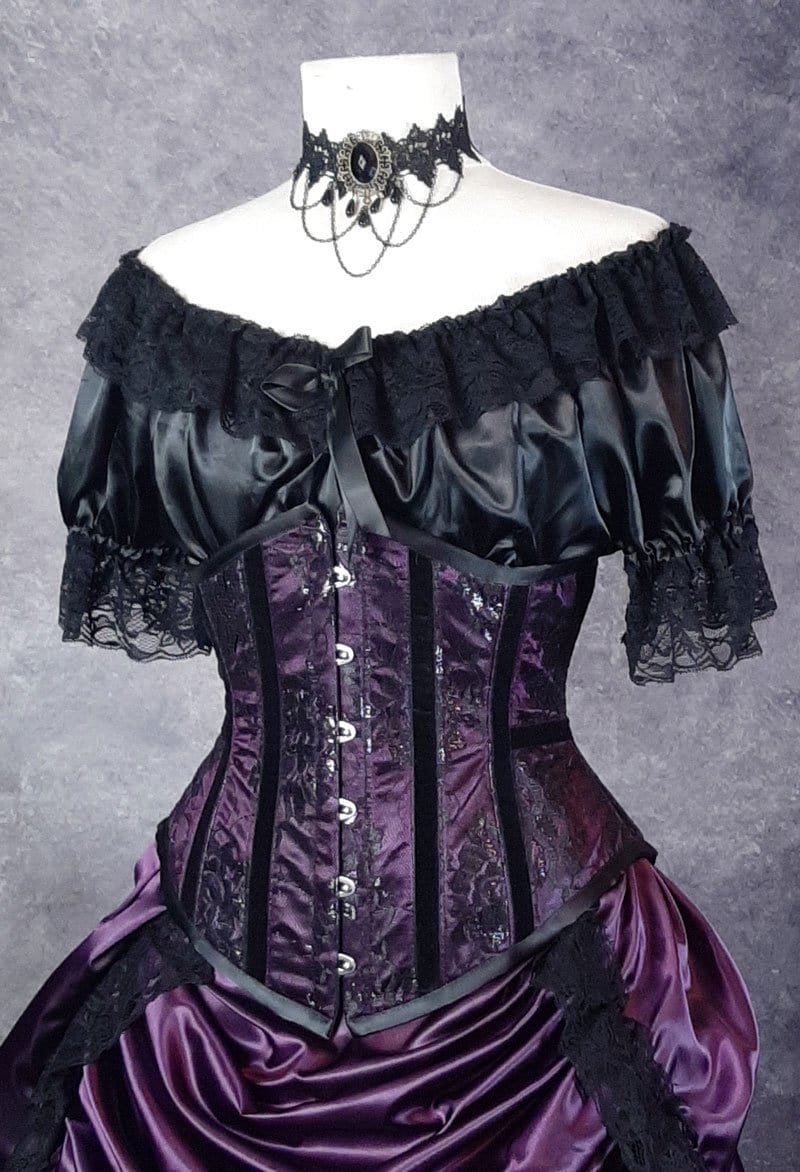 victorian era inspired under corset top called a 'Chemise' made in Australia from black satin and trimmed with black lace