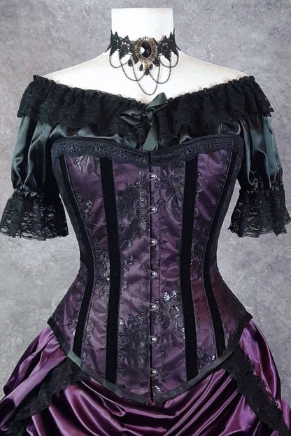 victorian era inspired under corset top called a 'Chemise' made in Australia from black satin and trimmed with black lace worn here with a dark purple over bust steel boned corset made to measure