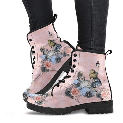 model wearing the cute pink vegan Alice in Wonderland custom printed boots at Gallery Serpentine