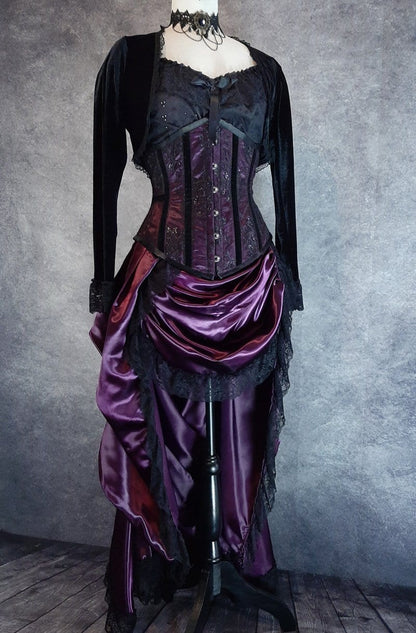 Amethyst Beauty Victorian Bustle Skirt and matching steel boned under bust corset set made from amethyst satin, shown on a dressmaker's form