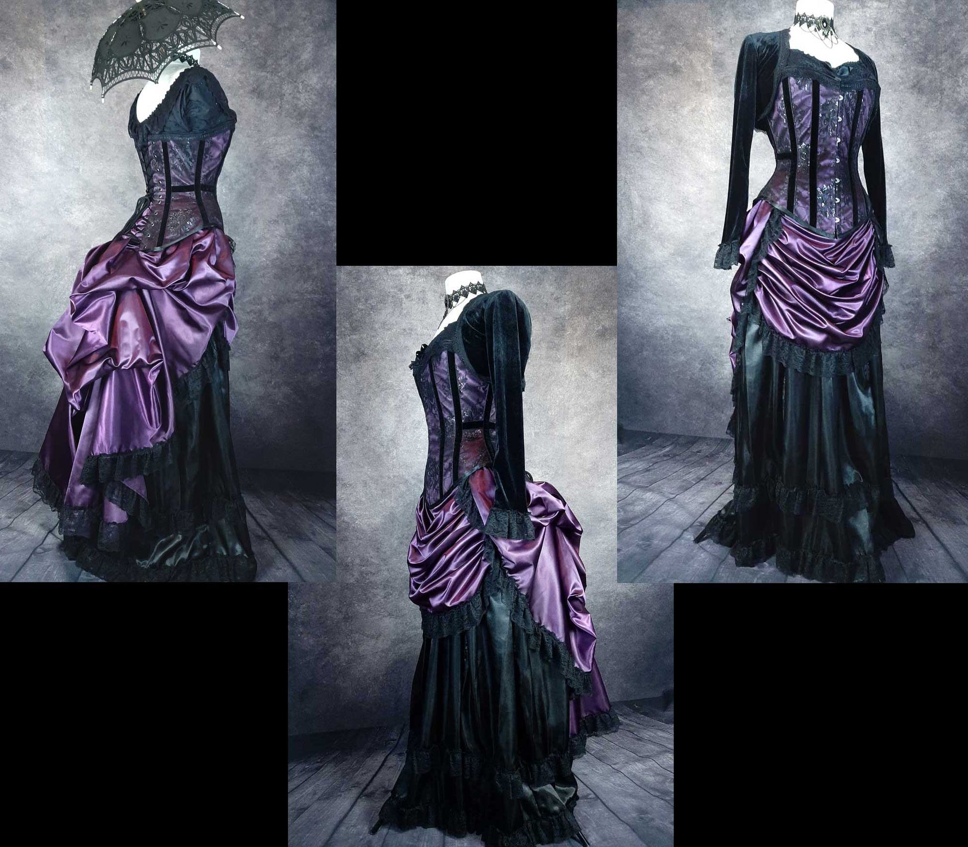 3 photo lay up showing the different views of the new victorian bustle made from amethyst purple satin in the victorian style